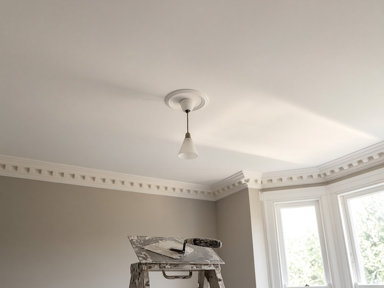 Newly plastered ceiling with cornice and ceiling rose