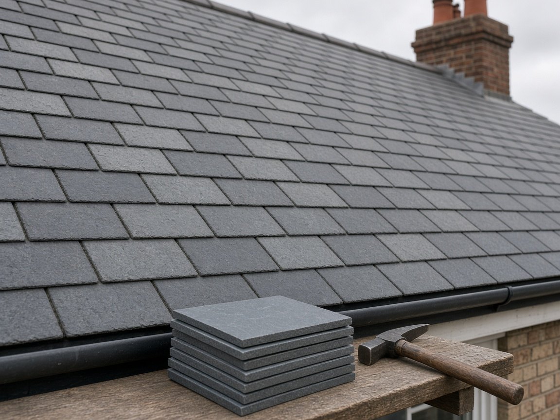 Neatly laid slate roof with new slates ready at the eaves