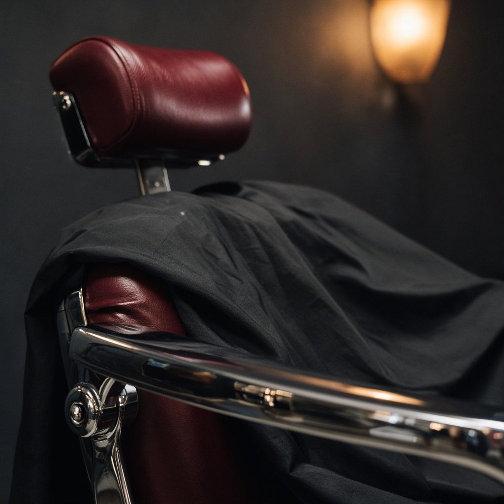 Burgundy barber chair with a black cutting cape