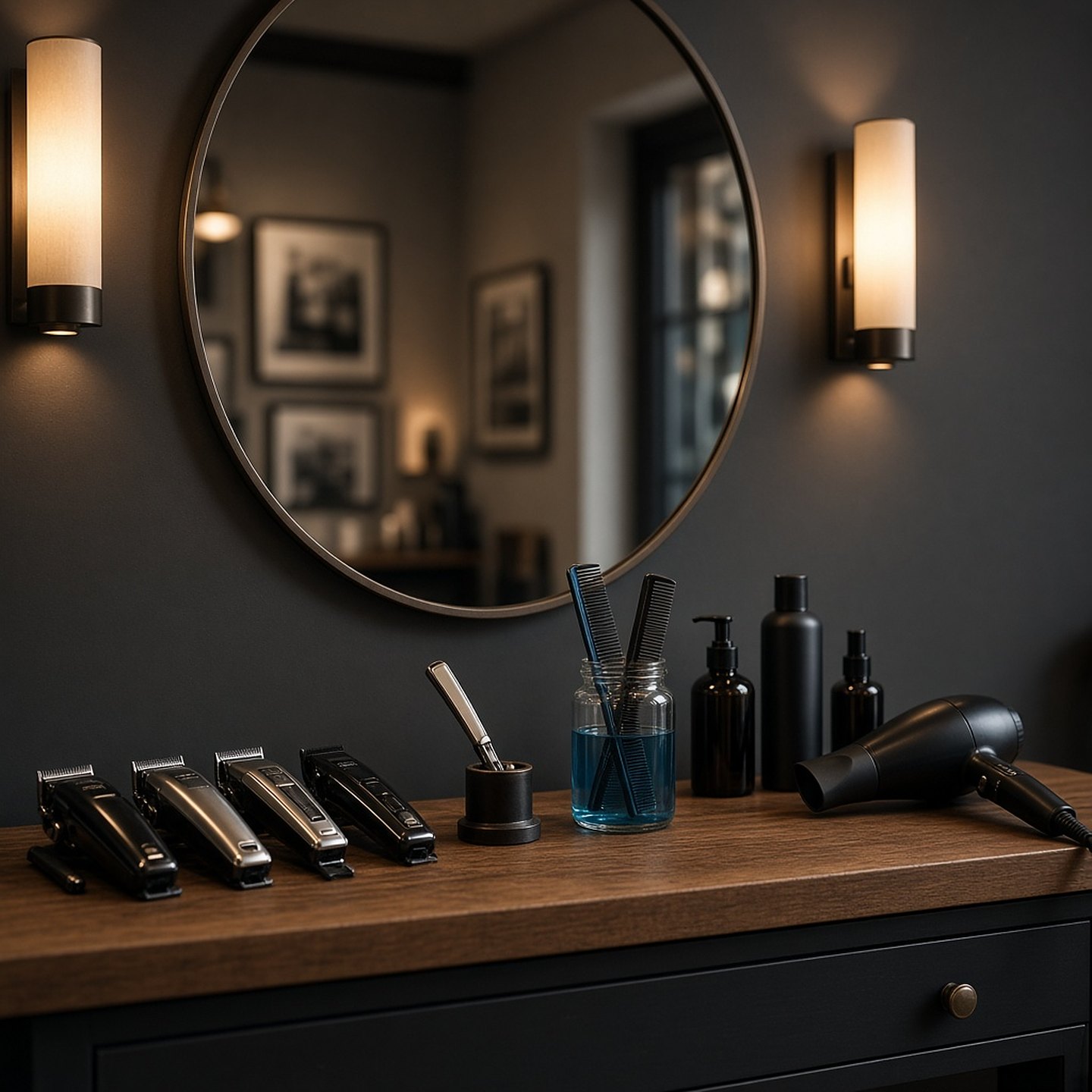 Barber station with clippers, combs and a round mirror